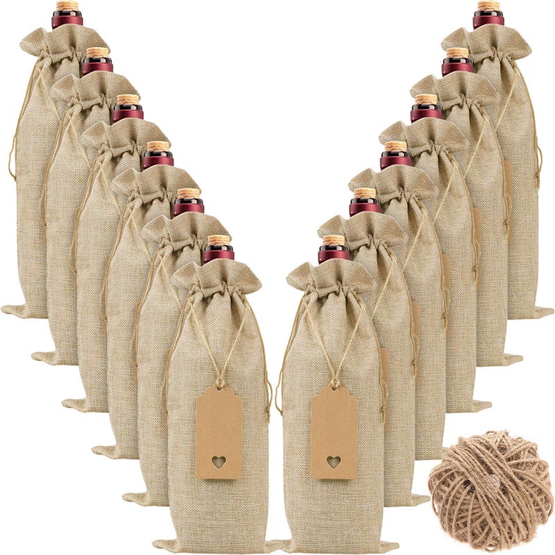 Burlap Wine Bags Wine Gift Bags 12 Pcs Wine Bottle Bags with Drawstrings Tags  Ropes Reusable Wine Bottle Covers for Christmas Wedding Birthday Travel Holiday Party Housewarming Home Storage