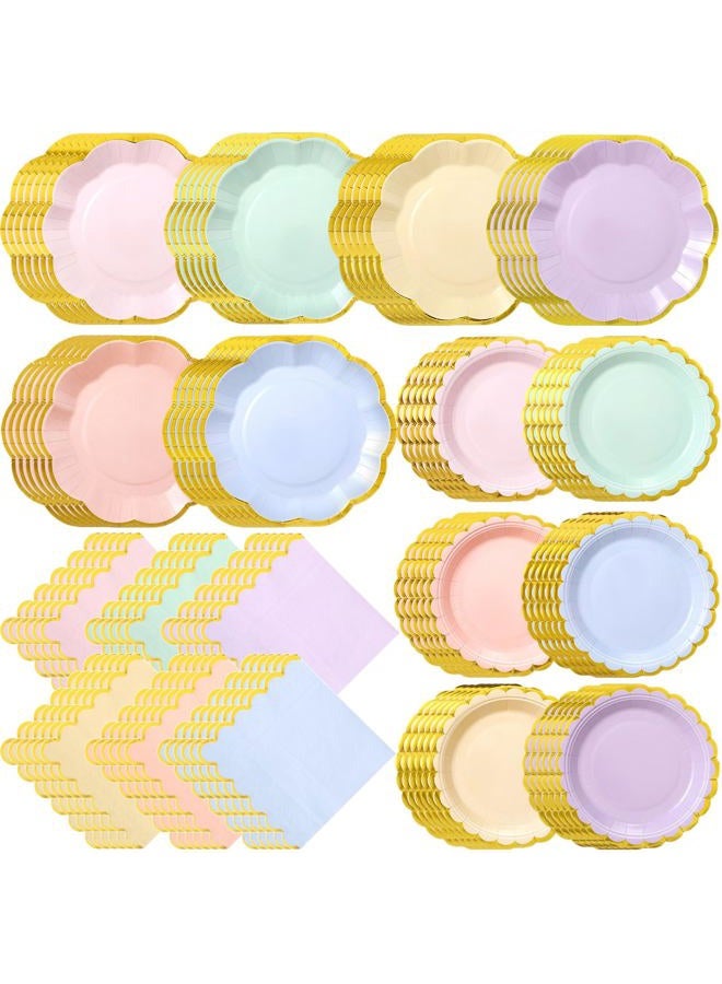 Skybooly 144 Pcs 48 Guests Pastel Paper Plates and Napkins Sets Heavy Duty Pastel Scalloped Party Plates Napkins Disposable Rainbow Supplies Decoration for Bridal Baby Shower Wedding - Image 1