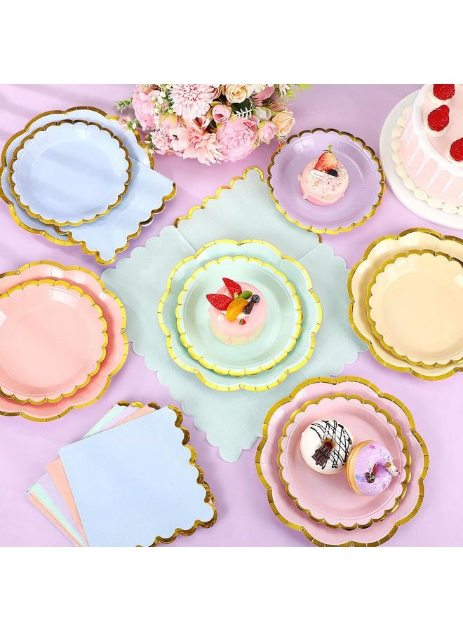 Skybooly 144 Pcs 48 Guests Pastel Paper Plates and Napkins Sets Heavy Duty Pastel Scalloped Party Plates Napkins Disposable Rainbow Supplies Decoration for Bridal Baby Shower Wedding - Image 3