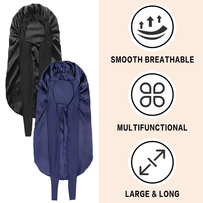 WOZUTUNT 2Pcs Bonnets for Black Women Braid Bonnet, Large Long Satin Bonnet for Braids, Silk Bonnet with Stretchy Tie Band Sleep Cap Hair (2Pcs-Black&Dark Blue) - Image 3