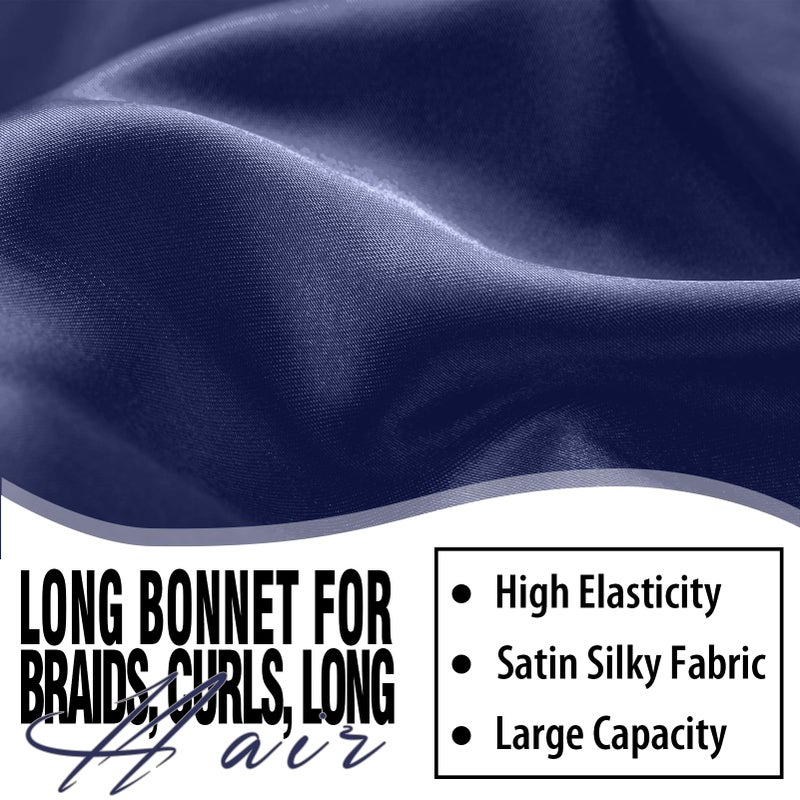WOZUTUNT 2Pcs Bonnets for Black Women Braid Bonnet, Large Long Satin Bonnet for Braids, Silk Bonnet with Stretchy Tie Band Sleep Cap Hair (2Pcs-Black&Dark Blue) - Image 4