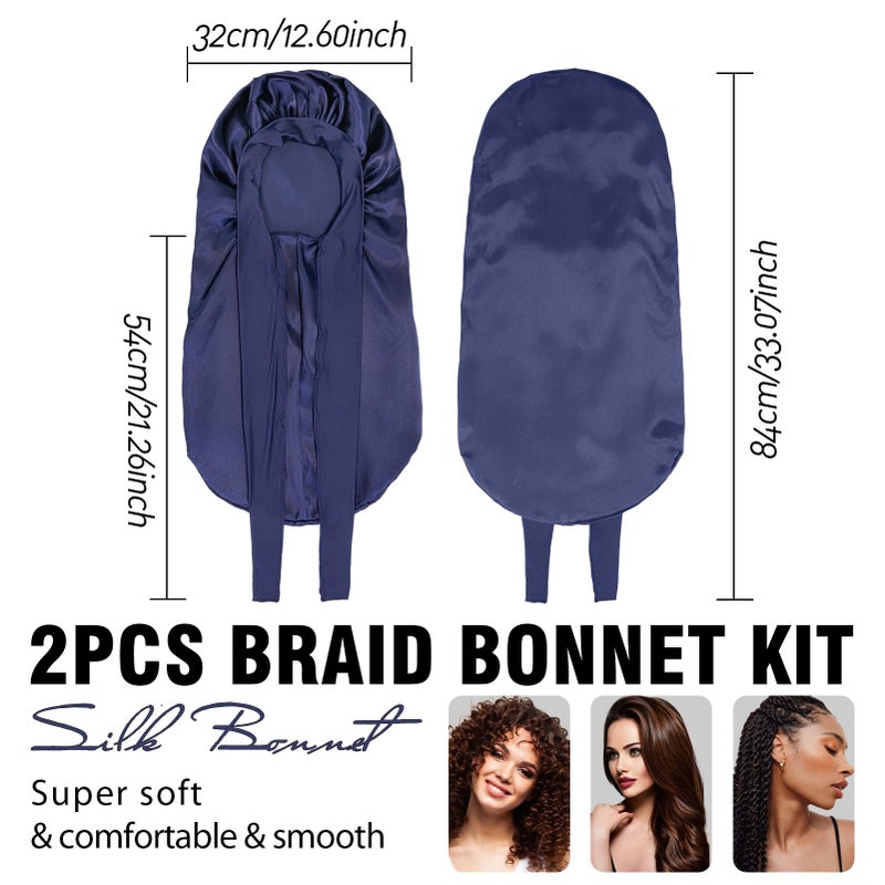 WOZUTUNT 2Pcs Bonnets for Black Women Braid Bonnet, Large Long Satin Bonnet for Braids, Silk Bonnet with Stretchy Tie Band Sleep Cap Hair (2Pcs-Black&Dark Blue) - Image 5