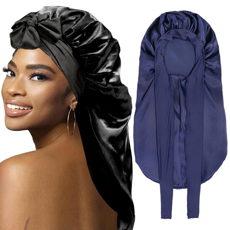 WOZUTUNT 2Pcs Bonnets for Black Women Braid Bonnet, Large Long Satin Bonnet for Braids, Silk Bonnet with Stretchy Tie Band Sleep Cap Hair (2Pcs-Black&Dark Blue) - Image 1