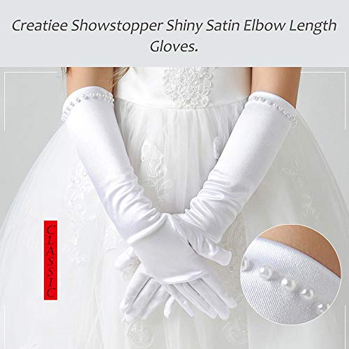 CREATIEE-PRO 2 Pair Little Girls Long Princess Costume Glove, Creatiee White Dress Up Beading Bows Glove for Kids Party, Wedding, Birthday, Holiday, Formal Pageant (White) - Image 3