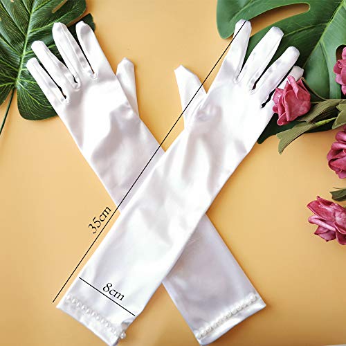 CREATIEE-PRO 2 Pair Little Girls Long Princess Costume Glove, Creatiee White Dress Up Beading Bows Glove for Kids Party, Wedding, Birthday, Holiday, Formal Pageant (White) - Image 4