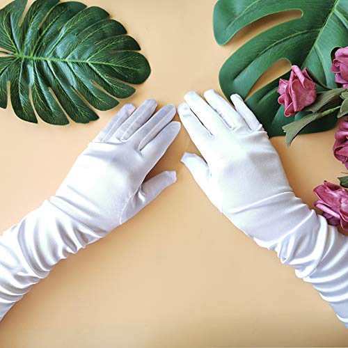 CREATIEE-PRO 2 Pair Little Girls Long Princess Costume Glove, Creatiee White Dress Up Beading Bows Glove for Kids Party, Wedding, Birthday, Holiday, Formal Pageant (White) - Image 2