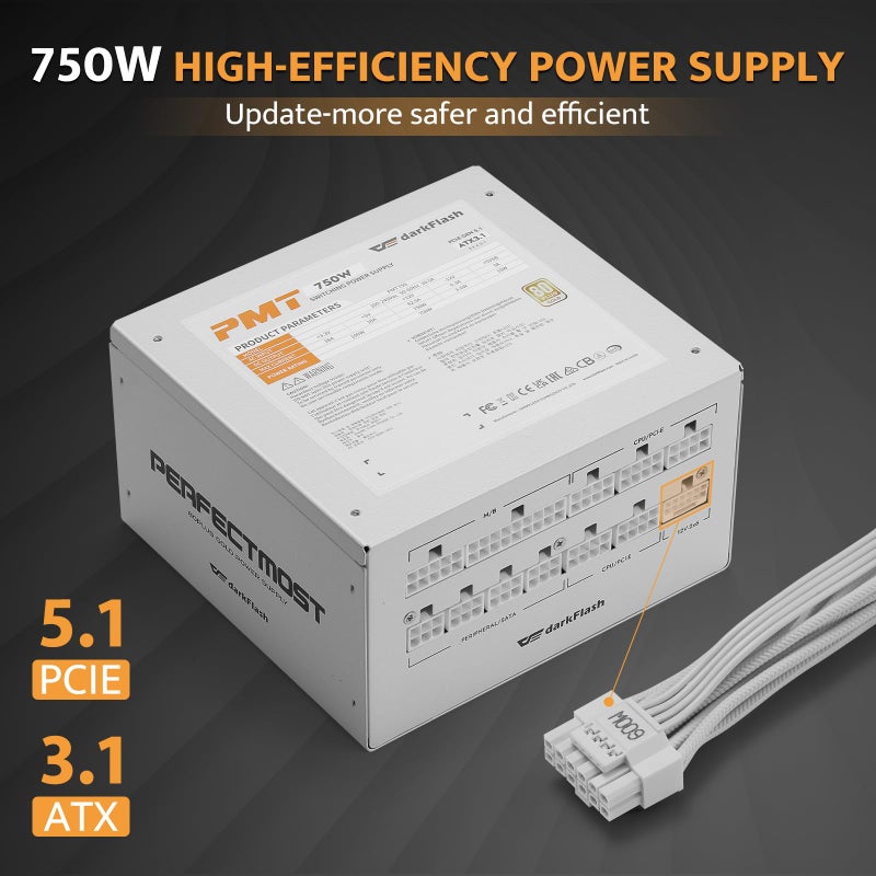 DarkFlash مزود طاقة داكن فلاش PMT كامل الوحدات ATX 3.1 جاهز و PCIe 5.1، كابل 2 x 12VHPWR متضمن، مكثفات يابانية 100% 105 درجة مئوية، مزود طاقة للألعاب 80 بلس ذهبية (80+ ذهبية (ATX 3.1) WT، 750 واط) - Image 2