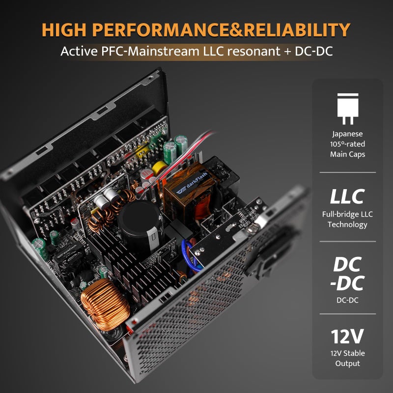 DarkFlash مزود طاقة داكن فلاش PMT كامل الوحدات ATX 3.1 جاهز و PCIe 5.1، كابل 2 x 12VHPWR متضمن، مكثفات يابانية 100% 105 درجة مئوية، مزود طاقة للألعاب 80 بلس ذهبية (80+ ذهبية (ATX 3.1) WT، 750 واط) - Image 5
