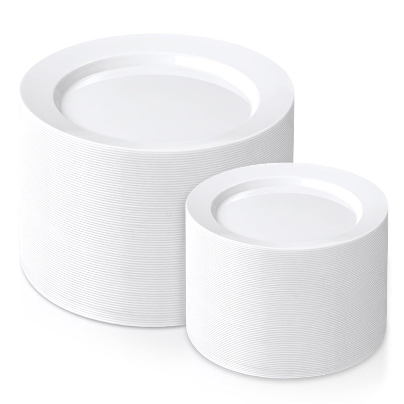 FLOWERCAT 200PCS White Plastic Plates Disposable Plates for Party - Heavy Duty Plastic Plates - 100 10" Dinner Plates and 100 7" Salad Plates for Wedding & New Year Parties and Events - Image 1