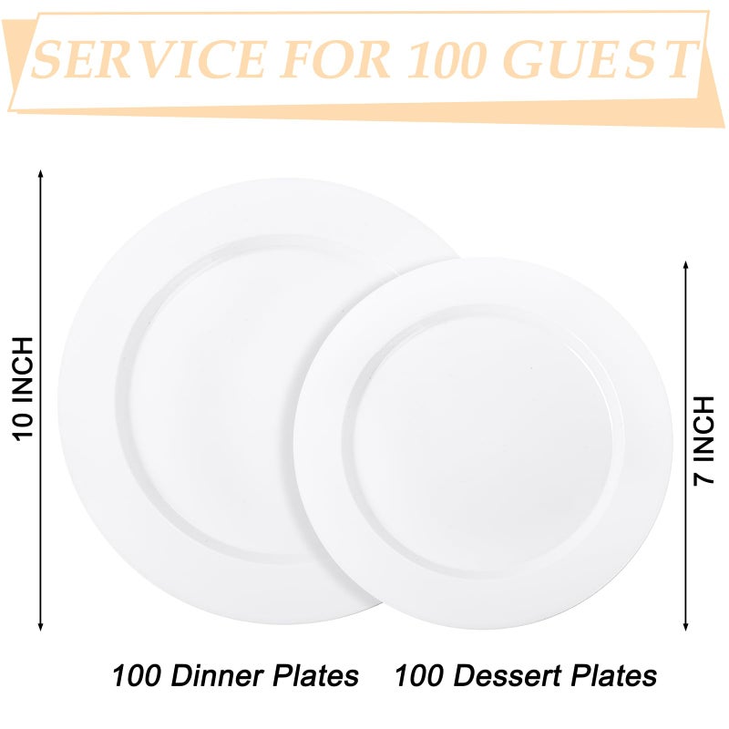 FLOWERCAT 200PCS White Plastic Plates Disposable Plates for Party - Heavy Duty Plastic Plates - 100 10" Dinner Plates and 100 7" Salad Plates for Wedding & New Year Parties and Events - Image 2