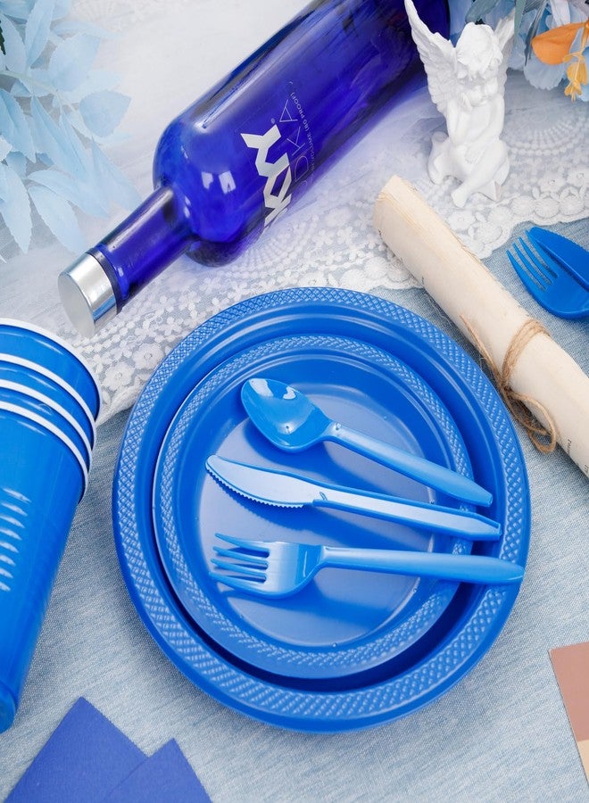 LUODA MirthMood 350 Pieces Blue Party Supplies, Disposable Dinnerware Set, Including Blue Plastic Plates and Napkins, Plastic Cutlery and 12OZ Cups - Image 3