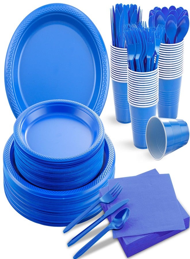 LUODA MirthMood 350 Pieces Blue Party Supplies, Disposable Dinnerware Set, Including Blue Plastic Plates and Napkins, Plastic Cutlery and 12OZ Cups - Image 1