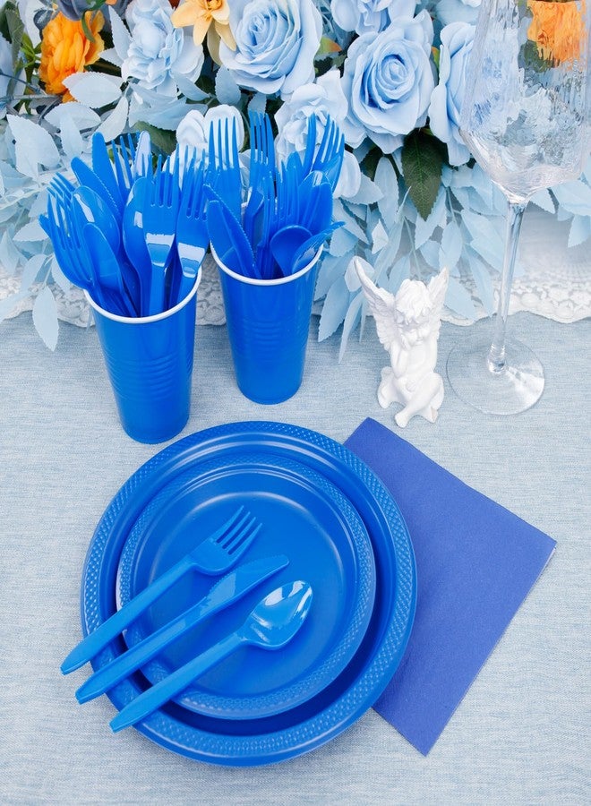 LUODA MirthMood 350 Pieces Blue Party Supplies, Disposable Dinnerware Set, Including Blue Plastic Plates and Napkins, Plastic Cutlery and 12OZ Cups - Image 5