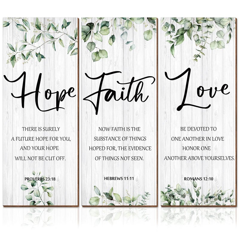 Blulu 3 Pieces Faith Hope Love Wall Decor Bible Verse Inspirational Wall Art Hanging Plaque Rustic Wooden Green Leaves Sign Scripture Quote for Home Bedroom Decoration