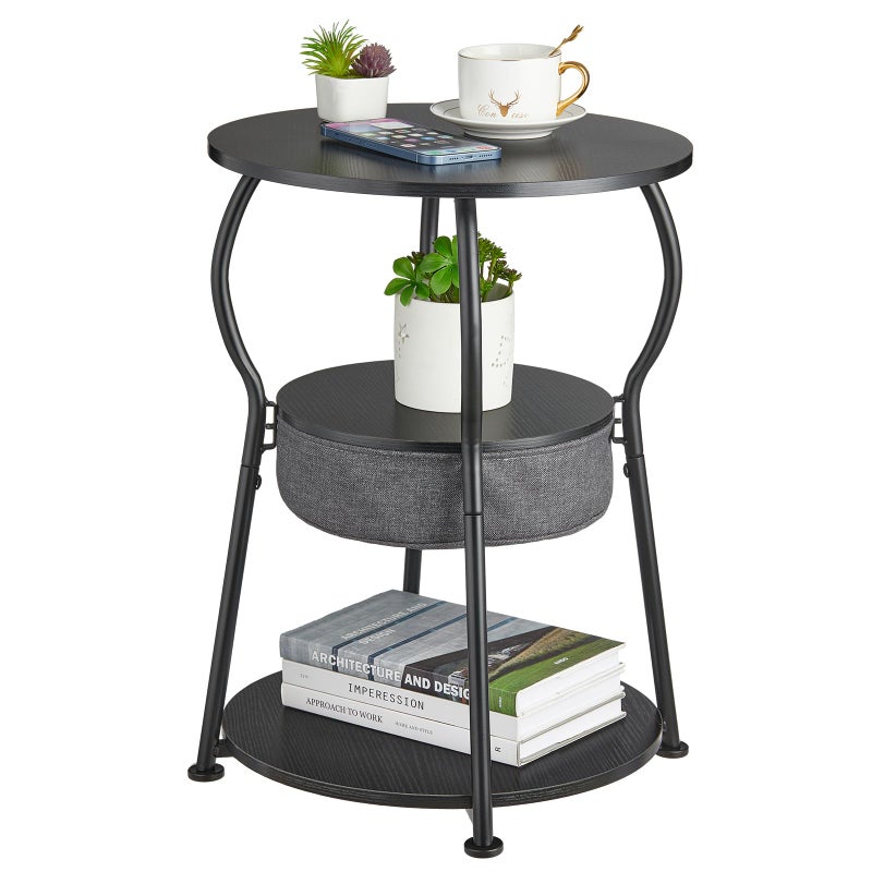 ZEXVIDA Small Round Side Table with Storage Bag, 3-Tier Accent Round End Table with Storage Shelves for Living Room, 21.6" H Vintage Small Corner Table for Smalls Spaces (D - 15.8 in Black) - Image 1