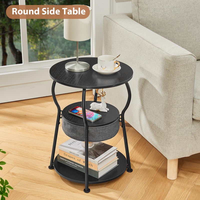 ZEXVIDA Small Round Side Table with Storage Bag, 3-Tier Accent Round End Table with Storage Shelves for Living Room, 21.6" H Vintage Small Corner Table for Smalls Spaces (D - 15.8 in Black) - Image 4