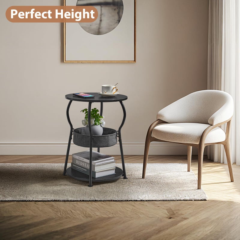 ZEXVIDA Small Round Side Table with Storage Bag, 3-Tier Accent Round End Table with Storage Shelves for Living Room, 21.6" H Vintage Small Corner Table for Smalls Spaces (D - 15.8 in Black) - Image 2