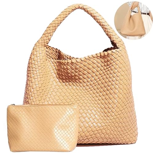 Geelyda 2025 Woven Tote Bag for Women, Extra Large Capacity Fashion Soft Leather Hobo Underarm Bag, Large Capacity Travel Handbag Retro Handmade Shoulder Bag (Apricot) - Image 1