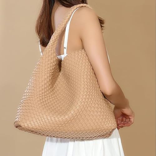 Geelyda 2025 Woven Tote Bag for Women, Extra Large Capacity Fashion Soft Leather Hobo Underarm Bag, Large Capacity Travel Handbag Retro Handmade Shoulder Bag (Apricot) - Image 2
