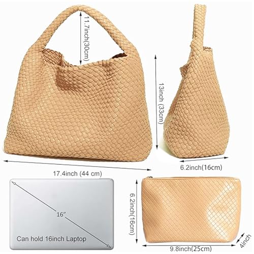 Geelyda 2025 Woven Tote Bag for Women, Extra Large Capacity Fashion Soft Leather Hobo Underarm Bag, Large Capacity Travel Handbag Retro Handmade Shoulder Bag (Apricot) - Image 3