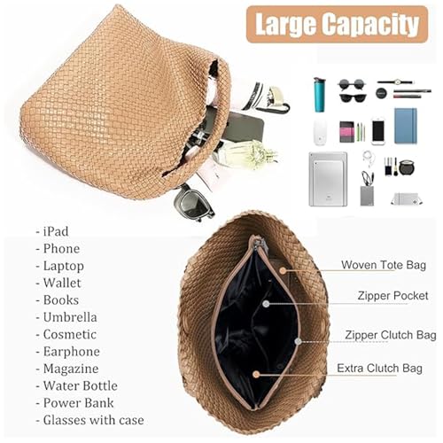 Geelyda 2025 Woven Tote Bag for Women, Extra Large Capacity Fashion Soft Leather Hobo Underarm Bag, Large Capacity Travel Handbag Retro Handmade Shoulder Bag (Apricot) - Image 4