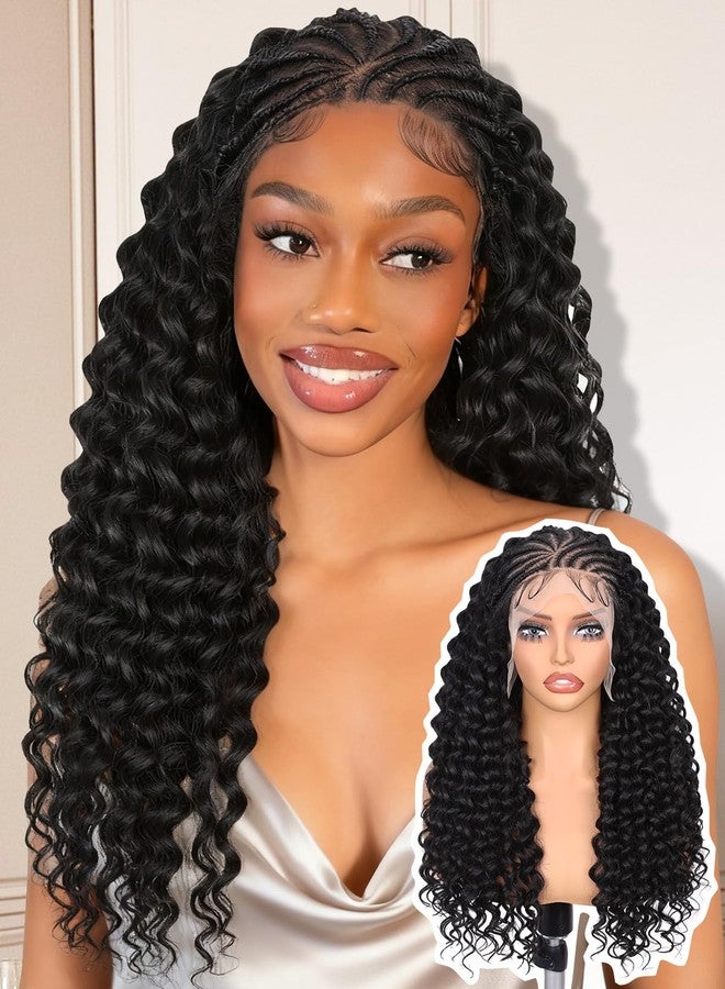 Lady Miranda 22 Inch Cornrow Wig 13x6 HD Lace Braided Wigs for Black Women Handmade 15 Strands Pre Braids Synthetic Braided Wig with Curly Hair (NB, 22 Inch) - Image 1