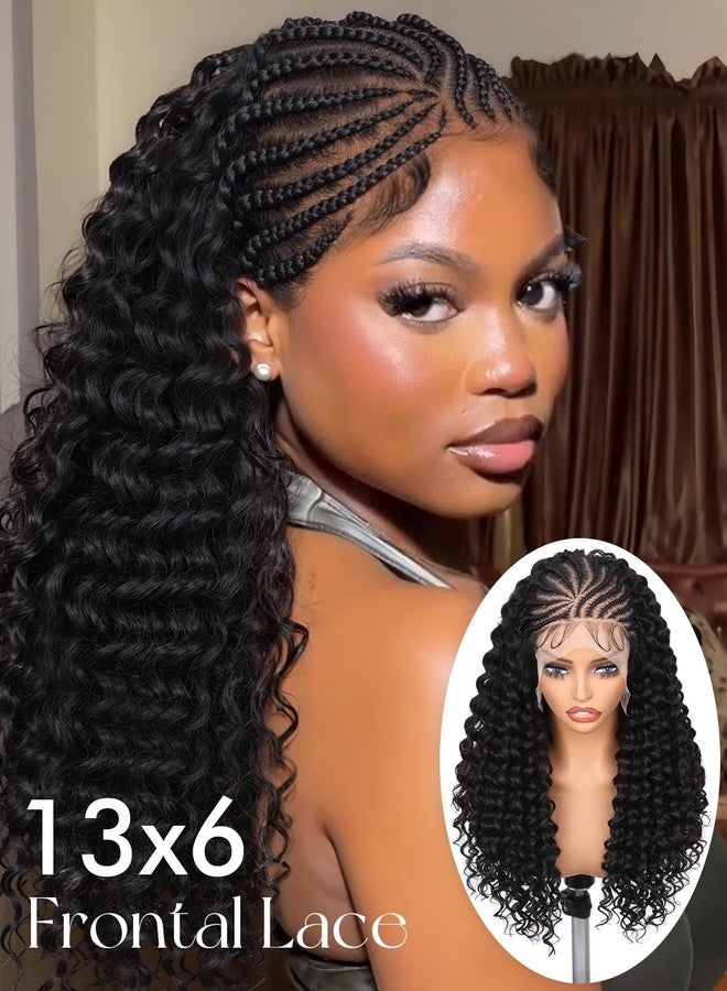 Lady Miranda 22 Inch Cornrow Wig 13x6 HD Lace Braided Wigs for Black Women Handmade 15 Strands Pre Braids Synthetic Braided Wig with Curly Hair (NB, 22 Inch) - Image 3