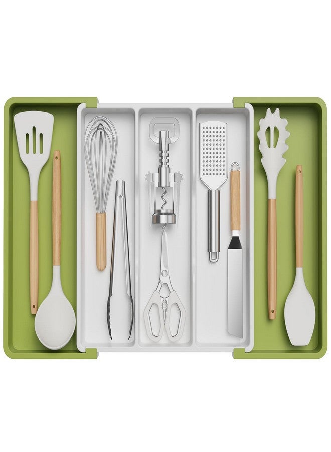 Lifewit منظم أدوات المطبخ من لايف ويت، صينية أدوات الطهي القابلة للتوسيع، حامل أدوات المائدة القابل للتعديل، فاصل تخزين أدوات المطبخ والأدوات البلاستيكية، كبير، أخضر وأبيض - Image 1