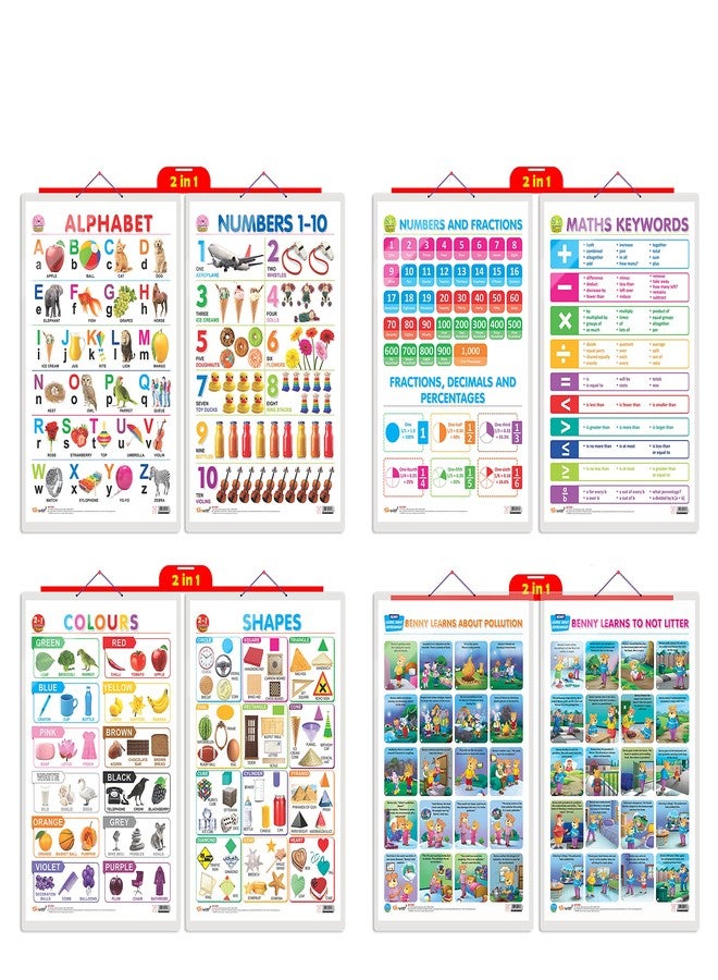 GoWoo Set of 4 | 2 IN 1 ALPHABET AND NUMBER 1-10, 2 IN 1 NUMBER & FRACTIONS AND MATHS KEYWORDS, 2 IN 1 COLOURS AND SHAPES and 2 IN 1 BENNY LEARNS ABOUT POLLUTION AND BENNY LEARNS NOT TO LITTER Early Learning Educational Charts for Kids | 20"X30" inch |Non-Tearable and Waterproof | Double Sided Laminated | Perfect for Homeschooling, Kindergarten and Nursery Students - Image 1