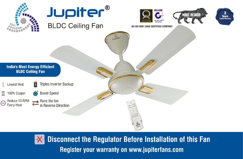 Jupiter Air-Ryder 4 Blades BLDC Motor 1050 mm | Energy Efficient 5 Star Energy Saver | High Speed Decorative Ceiling Fan Remote Controlled | Royal Ivory - Image 2