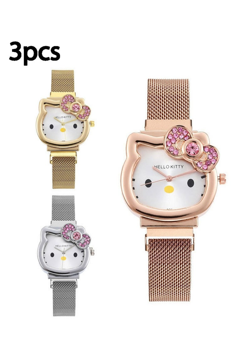 هالو كيتي 3pcs مرحبا كيتي ساعات، الماس مضغوط قوس المرأة ساعة كرتون مغناطيس ساعة - Image 1