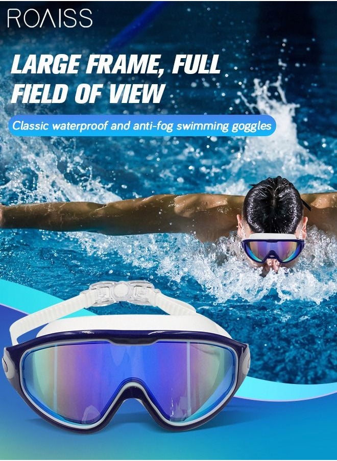 roaiss Large Frame Anti Fog Swim Goggles for Adult with Soft Silicone Gasket Anti-fog UV Protection No Leaking Clear Vision Diving Goggles Pool with Earplugs Swimming Goggles for Men Women Blue and White  - Image 1