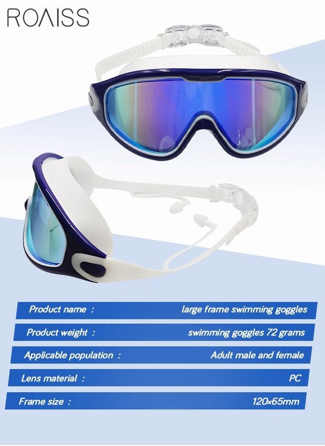 roaiss Large Frame Anti Fog Swim Goggles for Adult with Soft Silicone Gasket Anti-fog UV Protection No Leaking Clear Vision Diving Goggles Pool with Earplugs Swimming Goggles for Men Women Blue and White  - Image 5
