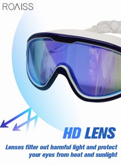 roaiss Large Frame Anti Fog Swim Goggles for Adult with Soft Silicone Gasket Anti-fog UV Protection No Leaking Clear Vision Diving Goggles Pool with Earplugs Swimming Goggles for Men Women Blue and White  - Image 2