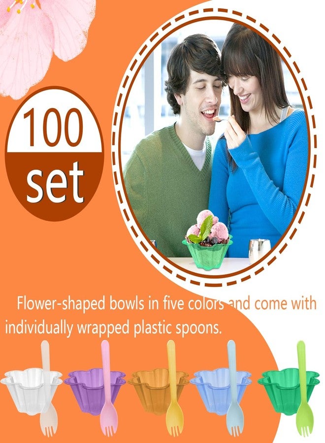 Vmiapxo 100 sets 8 oz Disposable Ice Cream Bowls and Spoons, Flower Shape Plastic Sundae Cups, Ice Cream Bar Supplies, Colorful Dessert Cups for Shaved Ice, Parfait, Strawberry, Yogurt - Image 5