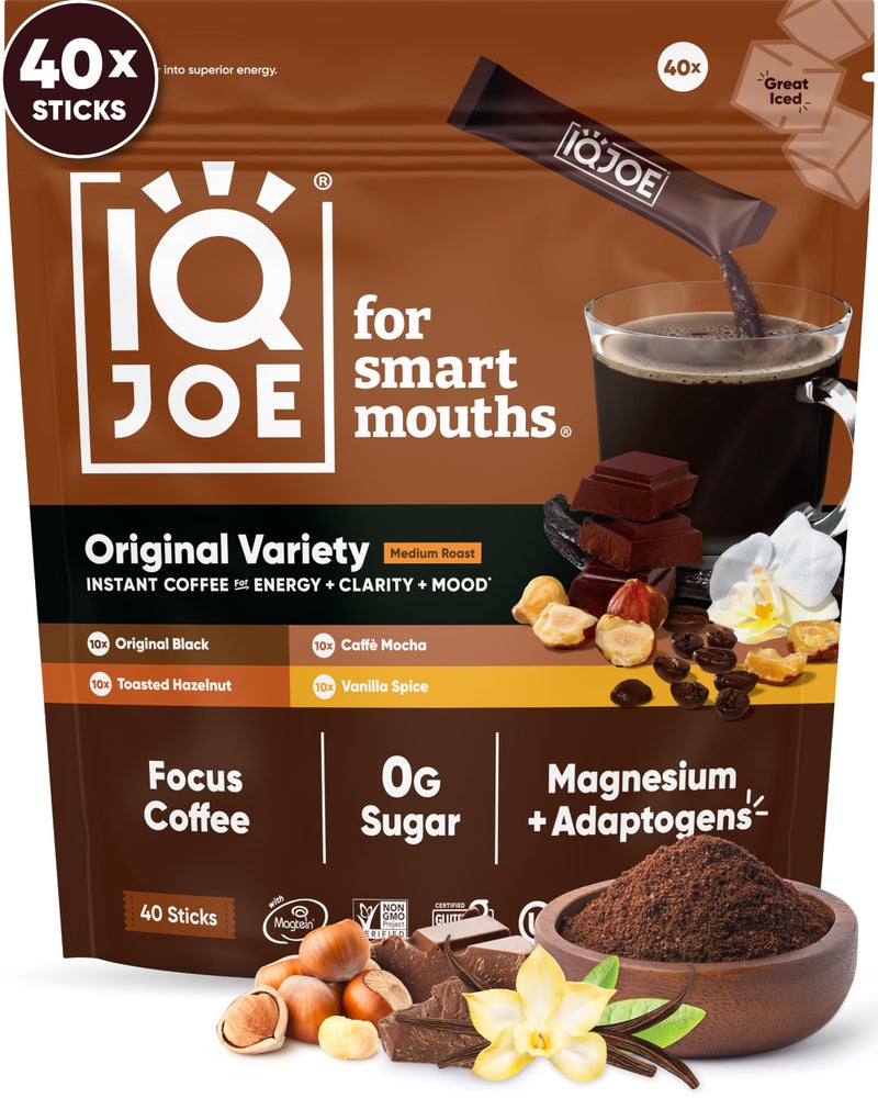 IQBAR IQJOE Mushroom Coffee Packets (40 Servings) Lionâ€™s Mane, Magtein Magnesium, Antioxidants, Adaptogens - Variety Pack - Instant Coffee for Focus, Clarity, Mood, Energy Boost - Sugar Free, Keto, Vegan - Image 1