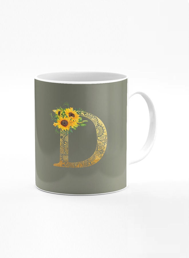 Stylizedd Designer Printed Coffee Mug 11oz Ceramic Personalised Gift Mugs Cup Custom Monogram Initial Letter Mandala Floral Pattern Alphabet D (Olive Green) - Image 1