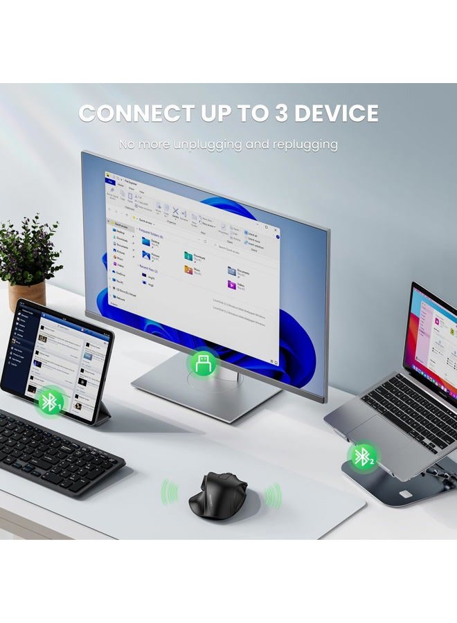 TECKNET ماوس لاسلكي، ماوس بلوتوث (BT5.0/3.0 و 2.4G) قابل لإعادة الشحن 4800 DPI ماوس صامت، ماوس كمبيوتر مع مستقبل USB A، مقبض كبير الحجم مريح بصري لاسلكي للابتوب/ماك/PC، أسود - Image 2