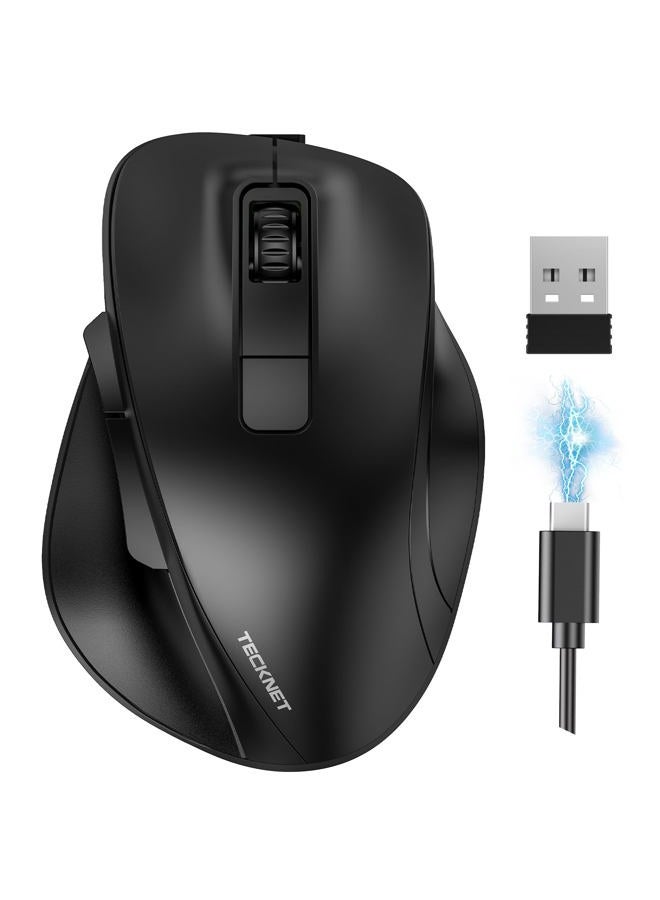 TECKNET ماوس لاسلكي، ماوس بلوتوث (BT5.0/3.0 و 2.4G) قابل لإعادة الشحن 4800 DPI ماوس صامت، ماوس كمبيوتر مع مستقبل USB A، مقبض كبير الحجم مريح بصري لاسلكي للابتوب/ماك/PC، أسود - Image 1