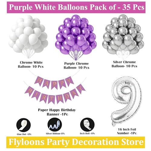 Flyloons 9th Birthday Decoration Items Purple and White Theme Combination for Boys Girls Kids | 30 Pcs Purple White Silver Color Balloons | Purple Happy Birthday Banner | Arch Tape | Glue Dots - Image 2