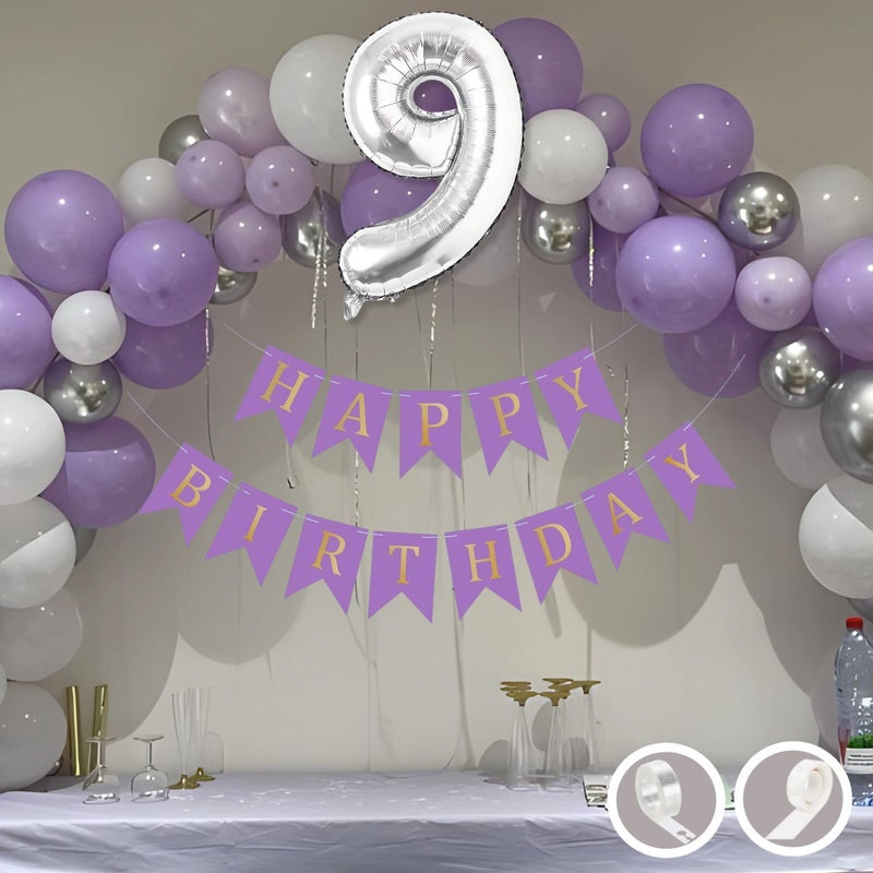 Flyloons 9th Birthday Decoration Items Purple and White Theme Combination for Boys Girls Kids | 30 Pcs Purple White Silver Color Balloons | Purple Happy Birthday Banner | Arch Tape | Glue Dots - Image 4