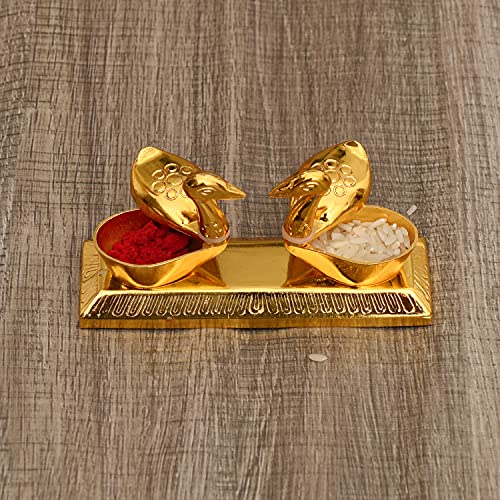 JAIPUR ACE Metal Brass Swan kumkum Box | Puja | Roli | Chawal | Chandan | Haldi | Sindoor | Turmeric | Dabbi | Dibbi | Dhani | Dani Lid Holder - Duck Swan kumkum (Golden, 6 X 11 X 6 cm) - Image 1