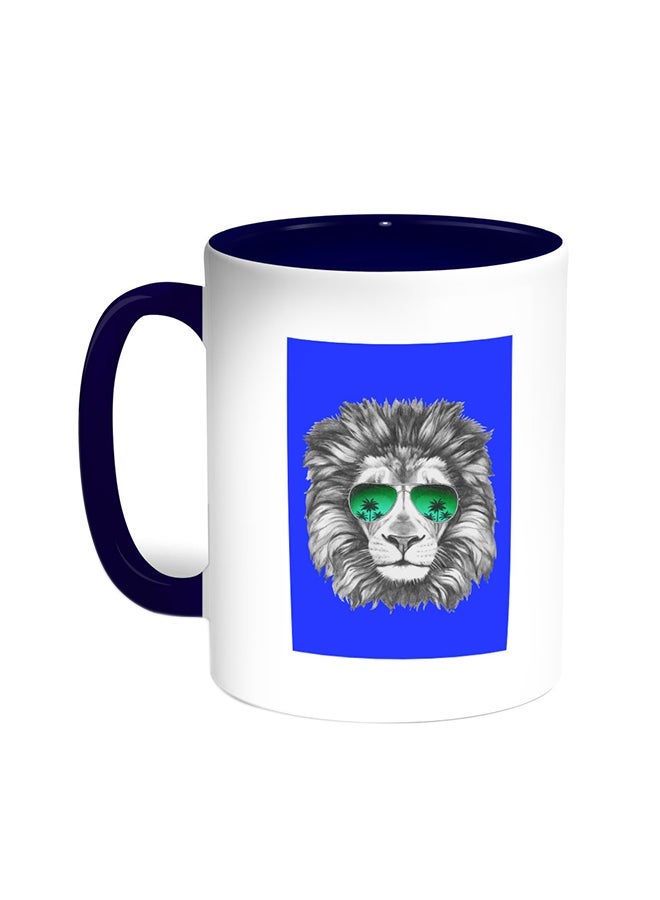 RYN A Lion Wearing Glasses Printed Coffee Mug Blue/White 11ounce