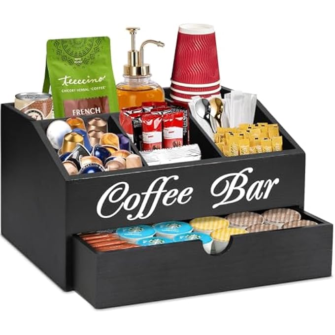 ريحني منظم بار القهوة الخشبي في المزرعة، محطة على سطح العمل مع درج، حامل كبسولات قهوة، سلة تخزين - Image 1