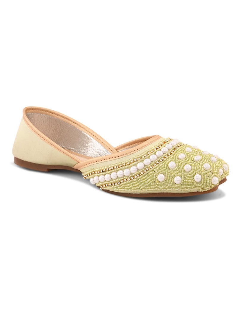 XE Looks Handcrafted Embellished Green Jutti | Traditional Ethnic Punjabi Juttis with Pearl & Beaded Detailing | Elegant Slip-On Footwear for Girl & Women - Image 5