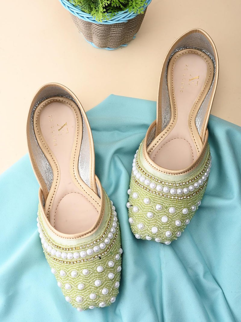 XE Looks Handcrafted Embellished Green Jutti | Traditional Ethnic Punjabi Juttis with Pearl & Beaded Detailing | Elegant Slip-On Footwear for Girl & Women - Image 2