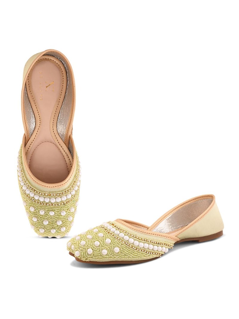 XE Looks Handcrafted Embellished Green Jutti | Traditional Ethnic Punjabi Juttis with Pearl & Beaded Detailing | Elegant Slip-On Footwear for Girl & Women - Image 1