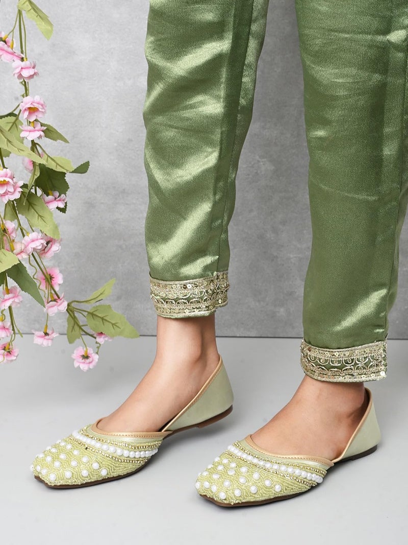 XE Looks Handcrafted Embellished Green Jutti | Traditional Ethnic Punjabi Juttis with Pearl & Beaded Detailing | Elegant Slip-On Footwear for Girl & Women - Image 4