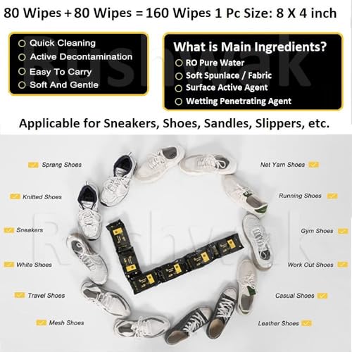 Rushwak Shoe Wipes (80 + 80 Wipes) Sneaker Wipes Instant Sneaker Cleaner Shoe Cleaning Wipes Sneaker Wipes for Shoes Quick Remove Dirt Stain Shoe Cleaner Wipes Shoe Wipes for Sneakers Cleaning Kit - Image 3