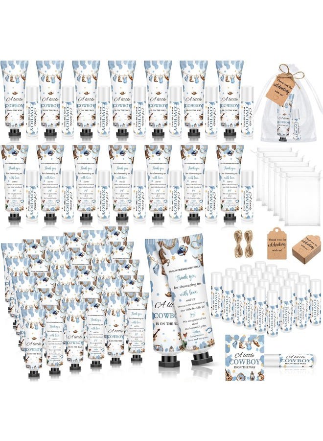 Dimsile 50 Sets 200 Pcs Baby Shower Hand Lotion and Lip Balm Gift Theme Baby Shower Party Favors Travel Size Hand Lotion and Lip Balm Bulk with Organza Bags Tags(A Little Cowboy is on the Way) - Image 1